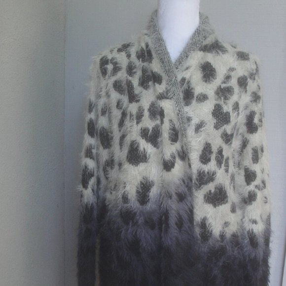 Oliver Sweater Cardigan Fuzzy Soft Open Front Animal Print Black-Cream XL - Picture 2 of 8